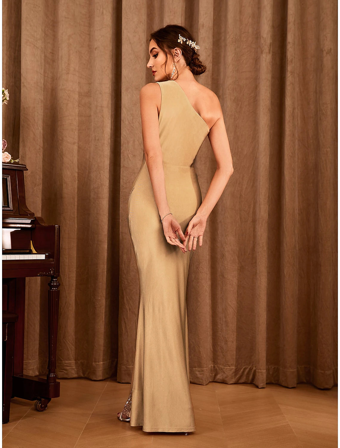 Wholesale Mermaid / Trumpet Party Dresses Sexy Dress Wedding Party Semi Formal Floor Length Sleeveless One Shoulder Stretch Satin with Glitter